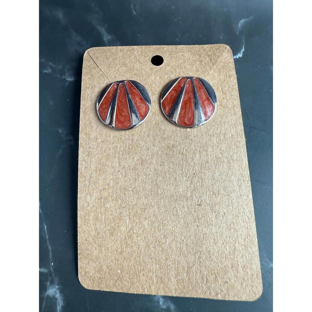 Vintage 80's Retro Metal & enamel Rust Fashion Circle Stud Earrings 1in